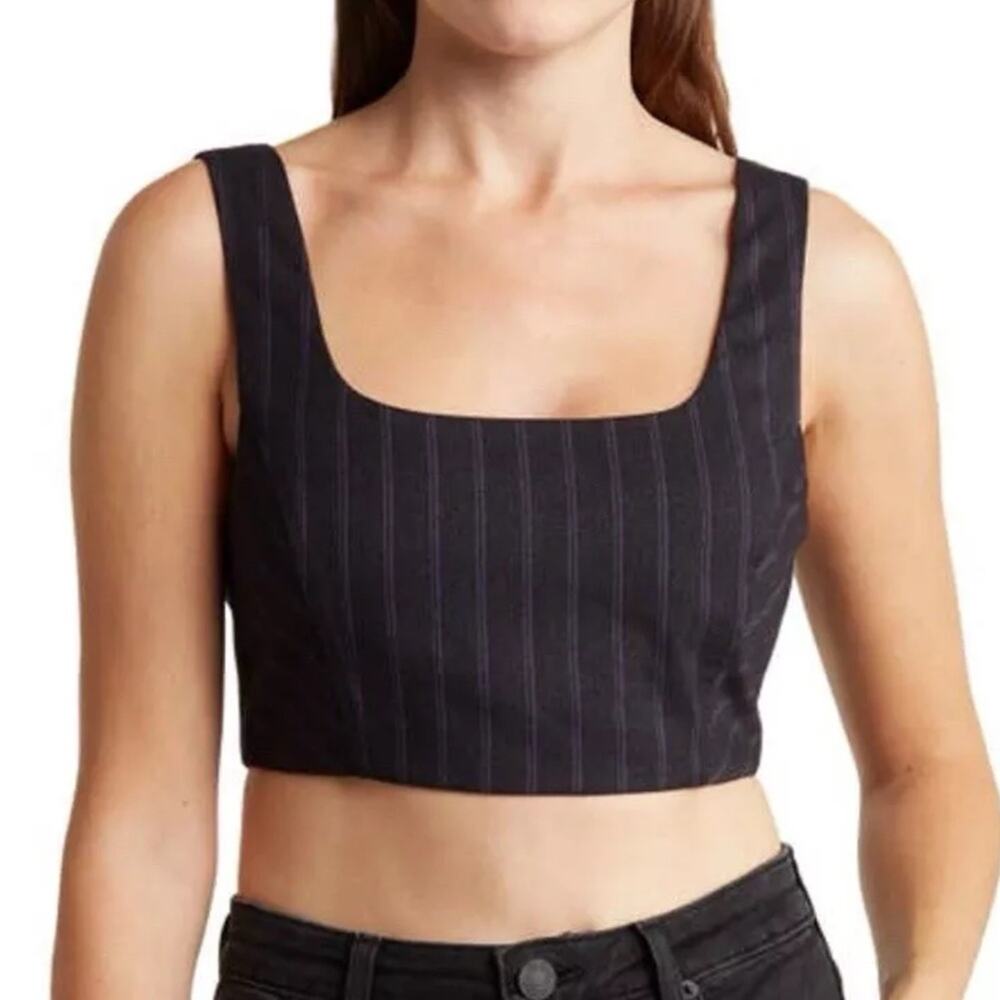 Avec Les Filles Pinstripe Corset Top Tank Charcoal Black Sleeveless NWT Size M